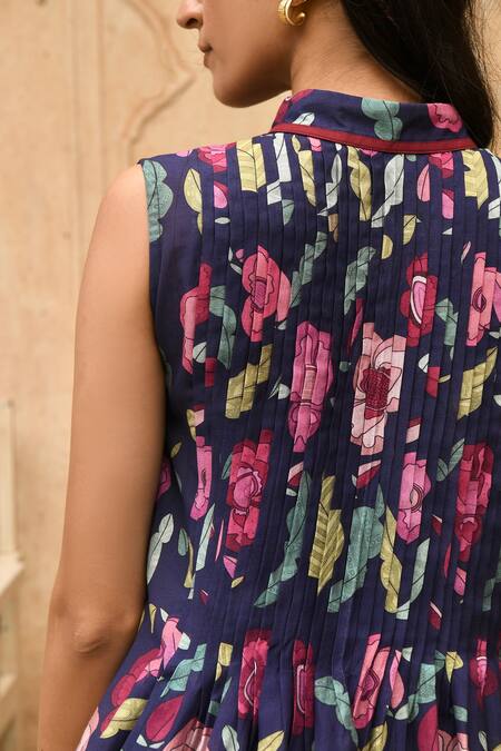 Shop_Taro_Blue Chanderi Silk Floral Print Chinese Collar Carnation Anarkali And Pant Set _Online_at_Aza_Fashions