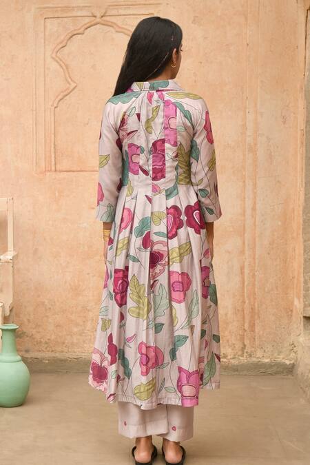 Shop_Taro_Grey Chanderi Silk Printed Floral Magnolia Pleated Anarkali And Pant Set _at_Aza_Fashions