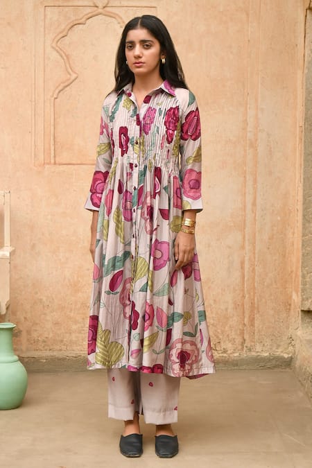 Taro_Grey Chanderi Silk Printed Floral Magnolia Pleated Anarkali And Pant Set _Online_at_Aza_Fashions