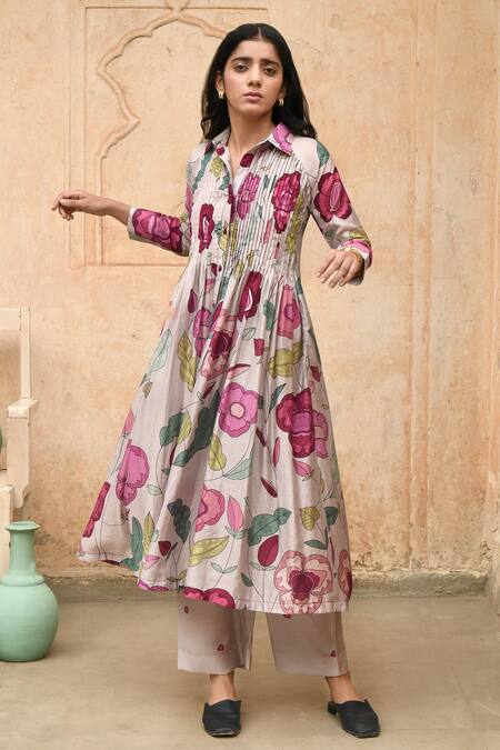 Buy_Taro_Grey Chanderi Silk Printed Floral Magnolia Pleated Anarkali And Pant Set _Online_at_Aza_Fashions