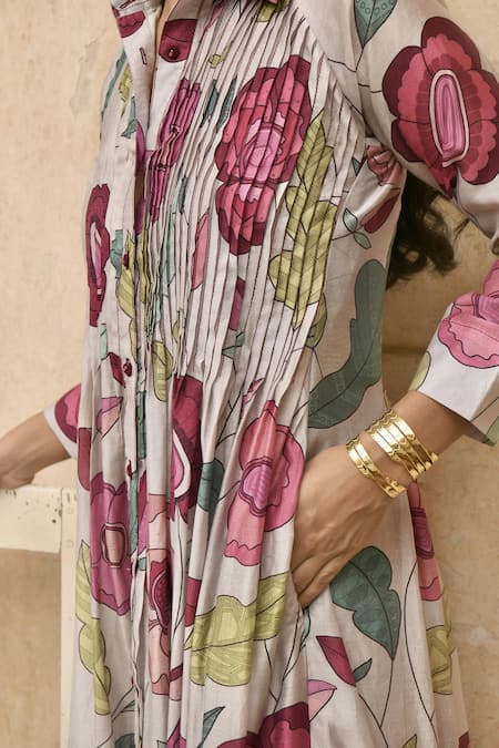 Taro_Grey Chanderi Silk Printed Floral Magnolia Pleated Anarkali And Pant Set _at_Aza_Fashions