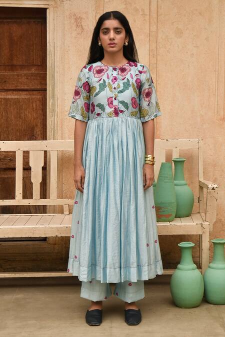 Buy_Taro_Blue Chanderi Silk Floral Print Chinese Collar Daisy Pleated Anarkali And Pant Set _Online_at_Aza_Fashions