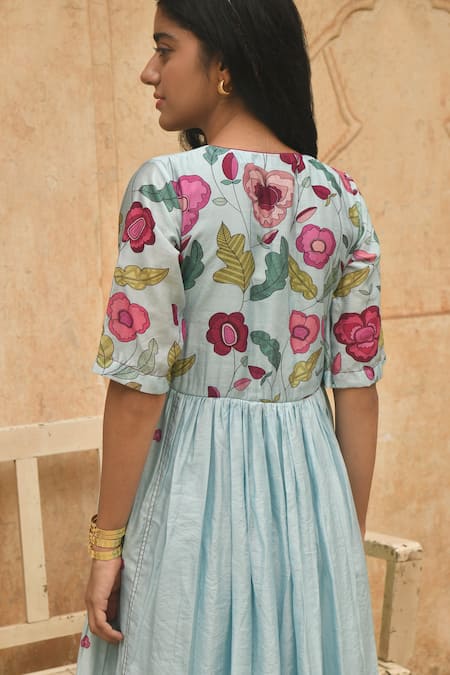 Shop_Taro_Blue Chanderi Silk Floral Print Chinese Collar Daisy Pleated Anarkali And Pant Set _Online_at_Aza_Fashions