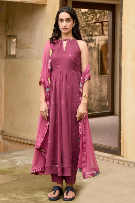 Taro Wine Dupatta Chiffon, Mulmul Floral Print Keyhole Hibiscus Bloom Anarkali Set 