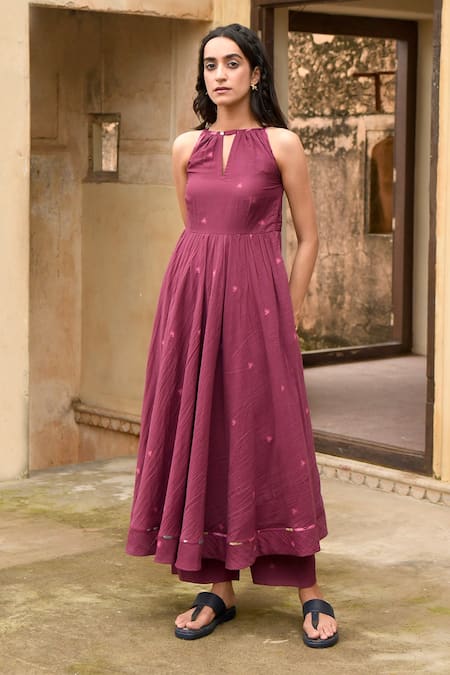 Buy_Taro_Wine Dupatta Chiffon, Mulmul Floral Print Keyhole Hibiscus Bloom Anarkali Set _Online_at_Aza_Fashions