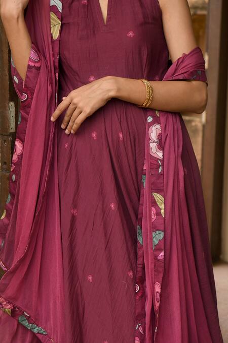 Shop_Taro_Wine Dupatta Chiffon, Mulmul Floral Print Keyhole Hibiscus Bloom Anarkali Set _Online_at_Aza_Fashions