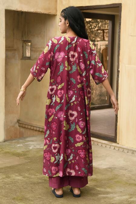 Shop_Taro_Wine Chanderi Silk Printed And Hand Work Floral Auburn Kaftan Tunic & Pant Set _at_Aza_Fashions