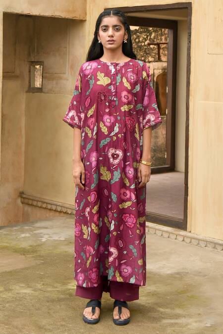 Taro_Wine Chanderi Silk Printed And Hand Work Floral Auburn Kaftan Tunic & Pant Set _Online_at_Aza_Fashions