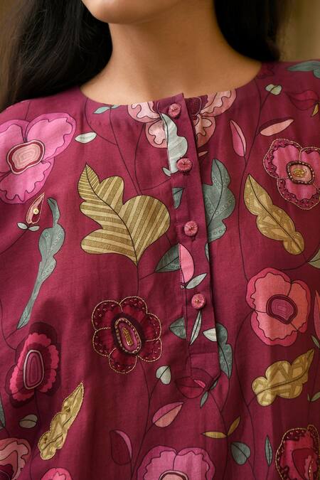 Taro_Wine Chanderi Silk Printed And Hand Work Floral Auburn Kaftan Tunic & Pant Set _at_Aza_Fashions
