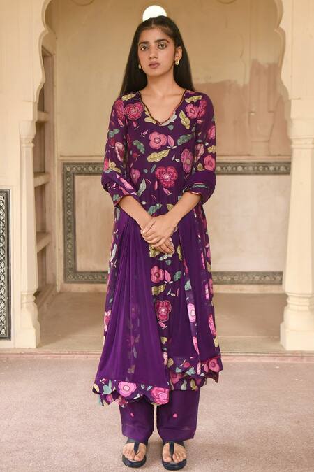 Shop_Taro_Purple Chanderi Silk, Dupatta Chiffon Bead Work, Floral Orchid Kurta Set _Online_at_Aza_Fashions
