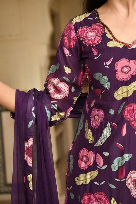 Taro_Purple Chanderi Silk, Dupatta Chiffon Bead Work, Floral Orchid Kurta Set _at_Aza_Fashions