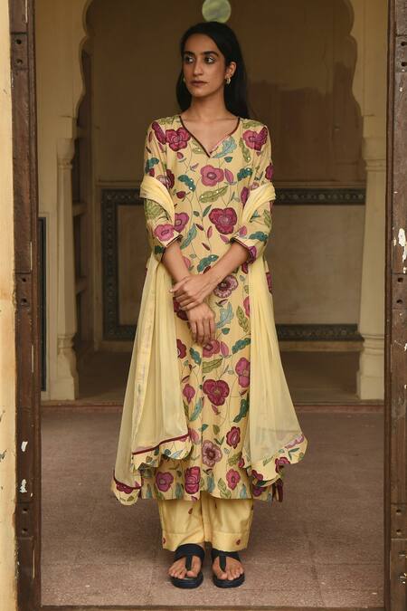 Shop_Taro_Yellow Chanderi Silk, Dupatta Chiffon Bead Work, Floral Print Corn Kurta Set _Online_at_Aza_Fashions