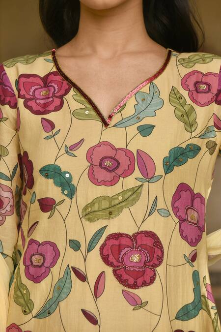 Taro_Yellow Chanderi Silk, Dupatta Chiffon Bead Work, Floral Print Corn Kurta Set _at_Aza_Fashions