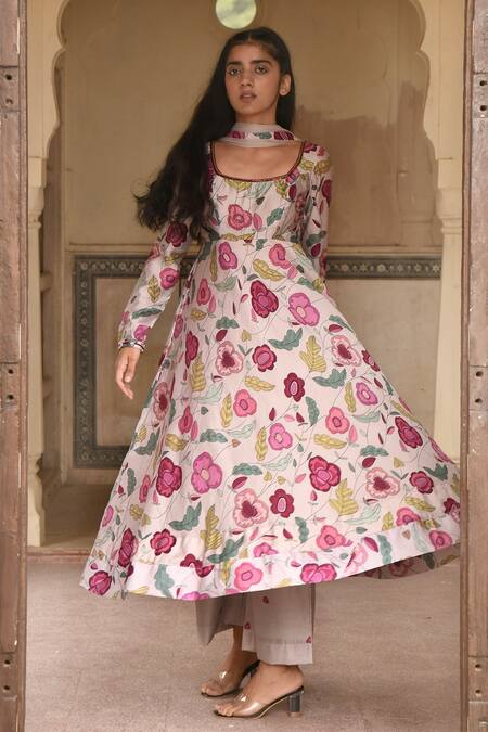 Shop_Taro_Grey Chanderi Silk, Dupatta Chiffon Bead Work, Blooming Garden Anarkali Set _Online_at_Aza_Fashions