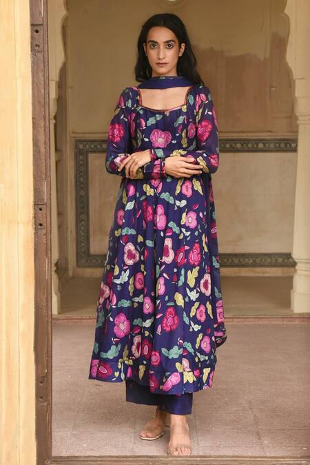 Shop_Taro_Blue Chanderi Silk, Dupatta Chiffon Bead Work, Oxford Knight Anarkali Set _Online_at_Aza_Fashions