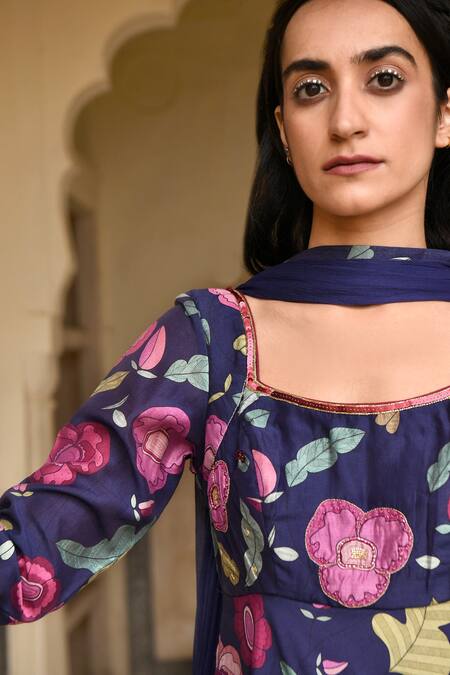 Taro_Blue Chanderi Silk, Dupatta Chiffon Bead Work, Oxford Knight Anarkali Set _at_Aza_Fashions