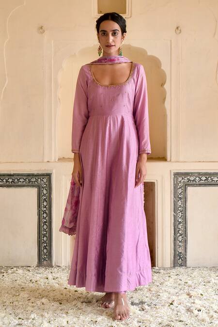 Shop_Taro_Purple Chanderi Silk, Dupatta Chiffon Cutdana And Sequin Embroidered Anarkali Set _Online_at_Aza_Fashions