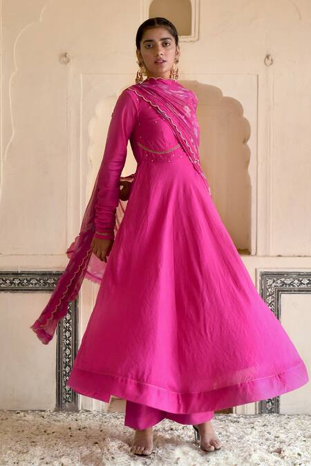 Taro_Fuchsia Chanderi Silk, Dupatta Chiffon Cutdana And Embroidered Anarkali Set _Online_at_Aza_Fashions