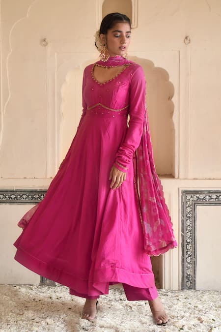 Buy_Taro_Fuchsia Chanderi Silk, Dupatta Chiffon Cutdana And Embroidered Anarkali Set _Online_at_Aza_Fashions