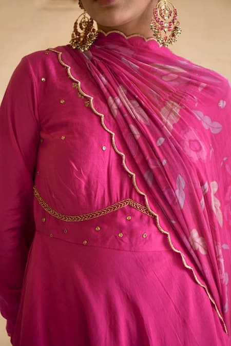 Taro_Fuchsia Chanderi Silk, Dupatta Chiffon Cutdana And Embroidered Anarkali Set _at_Aza_Fashions