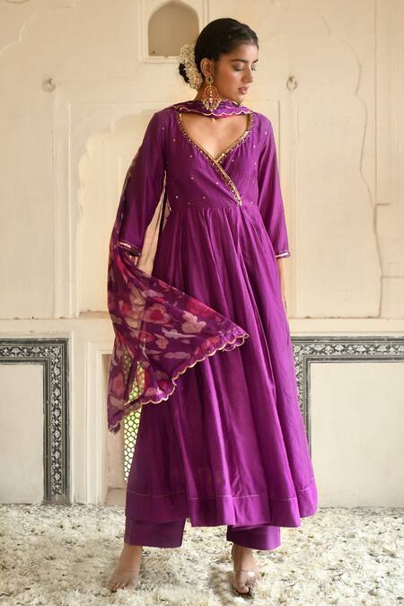 Taro_Purple Chanderi Silk, Dupatta Chiffon Cutdana And Sequin Embroidered Anarkali Set _Online_at_Aza_Fashions