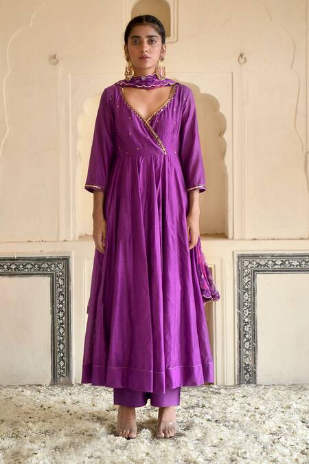 Shop_Taro_Purple Chanderi Silk, Dupatta Chiffon Cutdana And Sequin Embroidered Anarkali Set _Online_at_Aza_Fashions