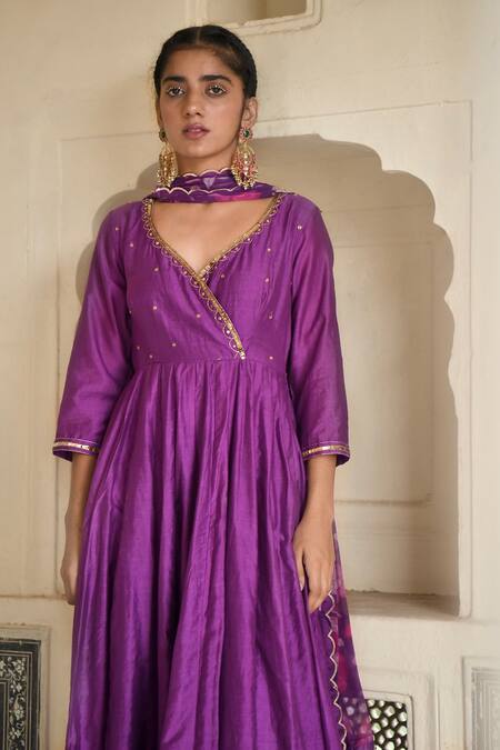 Taro_Purple Chanderi Silk, Dupatta Chiffon Cutdana And Sequin Embroidered Anarkali Set _at_Aza_Fashions