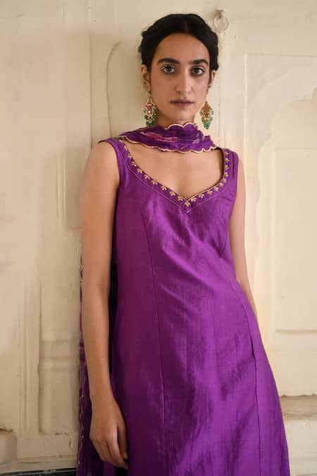 Shop_Taro_Purple Chanderi Silk, Dupatta Chiffon Cutdana And Sequin Work Kurta Set _Online_at_Aza_Fashions