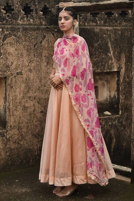 Taro_Peach Chanderi Silk, Dupatta Chiffon Sunset Blush Embroidered Anarkali Set _Online_at_Aza_Fashions