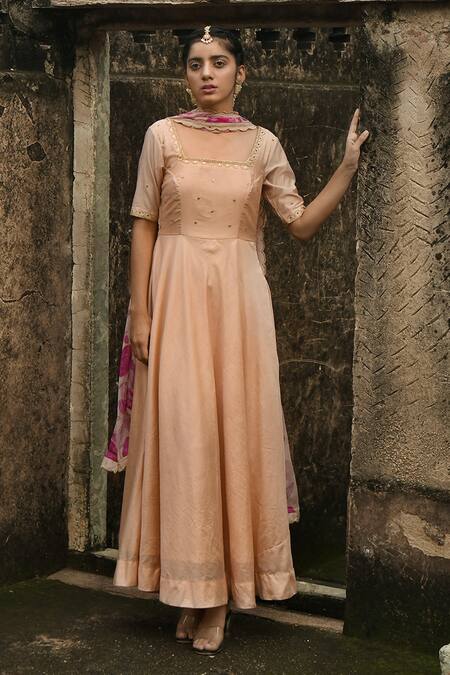 Buy_Taro_Peach Chanderi Silk, Dupatta Chiffon Sunset Blush Embroidered Anarkali Set _Online_at_Aza_Fashions