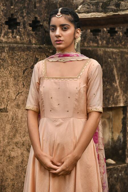 Taro_Peach Chanderi Silk, Dupatta Chiffon Sunset Blush Embroidered Anarkali Set _at_Aza_Fashions