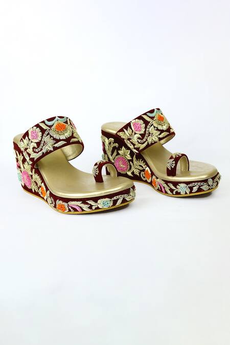 Shiveen Shiveen_Maroon Hand Embroidered Aardar Floral Wedges _Online_at_Aza_Fashions