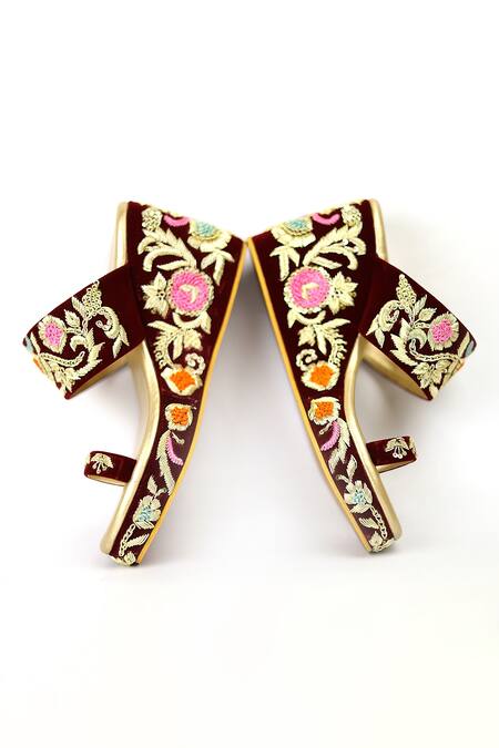 Shop_Shiveen Shiveen_Maroon Hand Embroidered Aardar Floral Wedges _Online_at_Aza_Fashions