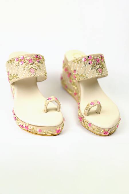 Shiveen Shiveen_Cream Embroidery Anaya Floral Wedges _Online_at_Aza_Fashions