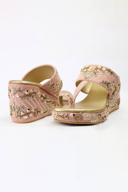 Buy_Shiveen Shiveen_Pink Embroidery Anaya Floral Wedges _Online_at_Aza_Fashions