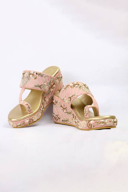 Shiveen Shiveen_Pink Embroidery Anaya Floral Wedges _at_Aza_Fashions