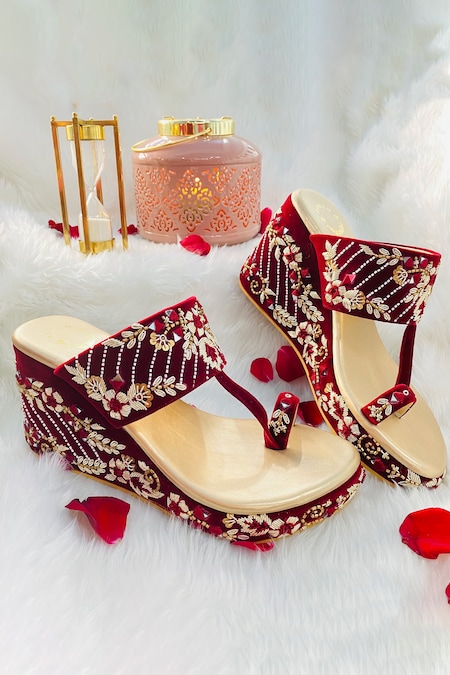 Rajasthani Stuff - Maroon Hand Embroidered Anaya Floral Wedges