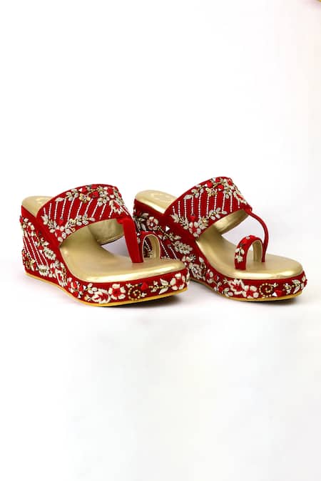 Shiveen Shiveen Red Hand Embroidered Anaya Floral Wedges 