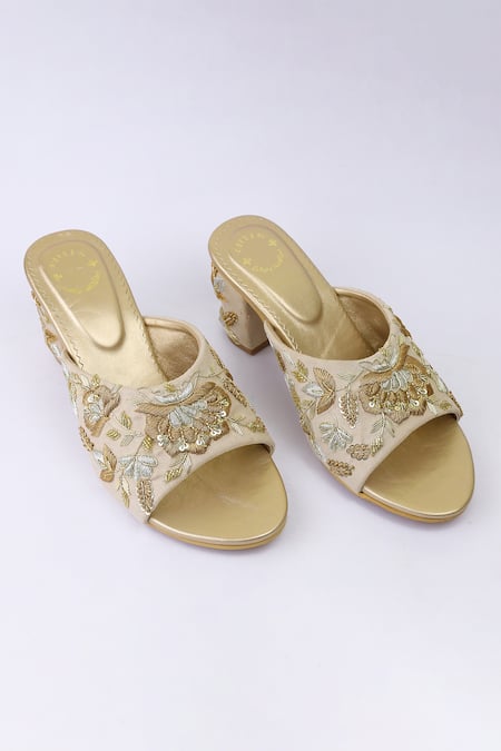 Shiveen Shiveen Cream Hand Embroidered Floral Block Heels 