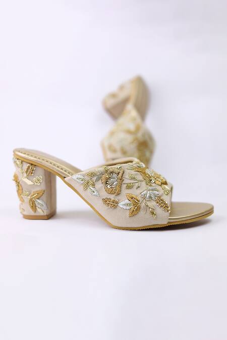 Buy_Shiveen Shiveen_Cream Hand Embroidered Floral Block Heels _Online_at_Aza_Fashions