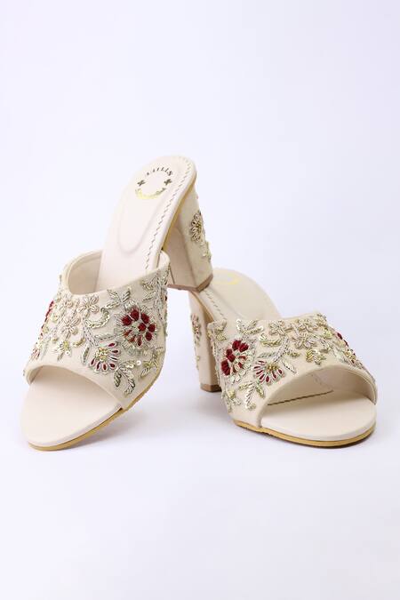 Shop_Shiveen Shiveen_Cream Hand Embroidered Baal Floral Block Heels _Online_at_Aza_Fashions