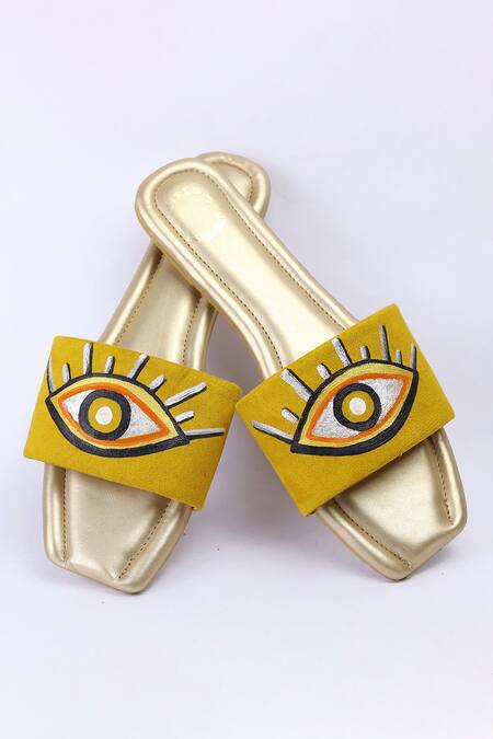 Shop_Shiveen Shiveen_Yellow Hand Painted Hostile Stare Flats_Online_at_Aza_Fashions