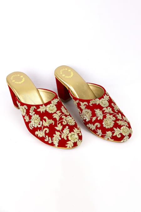 Shiveen Shiveen Red Hand Embroidered Lavan Velvet Mule Heels 