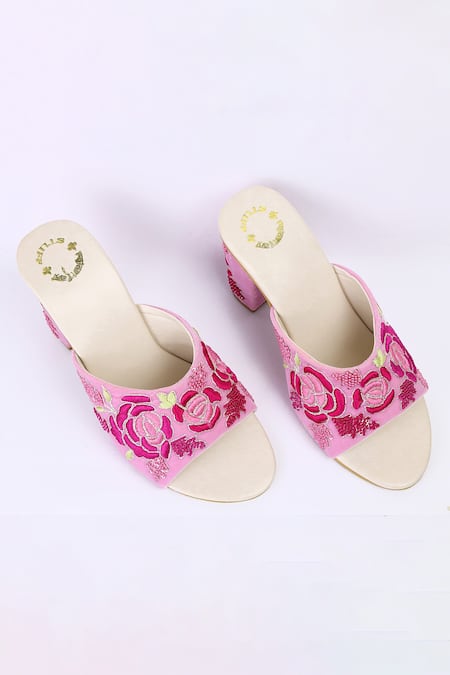Shiveen Shiveen Pink Embroidered Floral Block Heels 