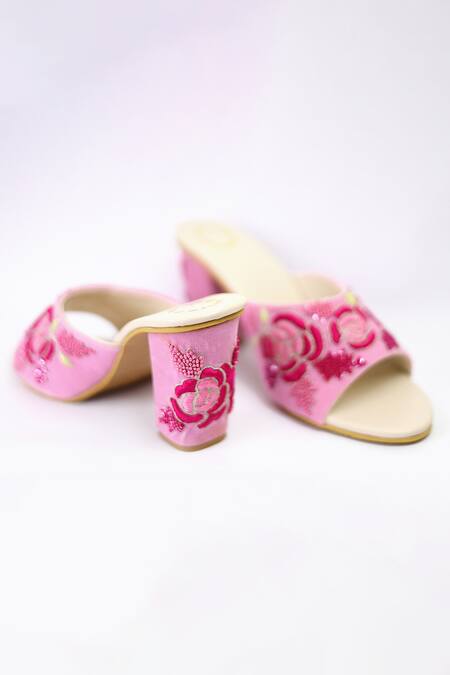 Buy_Shiveen Shiveen_Pink Embroidered Floral Block Heels _Online_at_Aza_Fashions