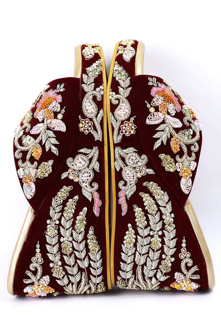 Shiveen Shiveen_Maroon Embroidered Floral Wedges _at_Aza_Fashions