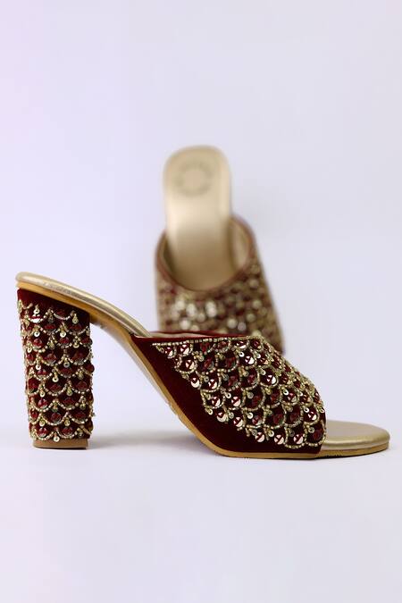 Buy_Shiveen Shiveen_Maroon Embroidered Block Heels _Online_at_Aza_Fashions