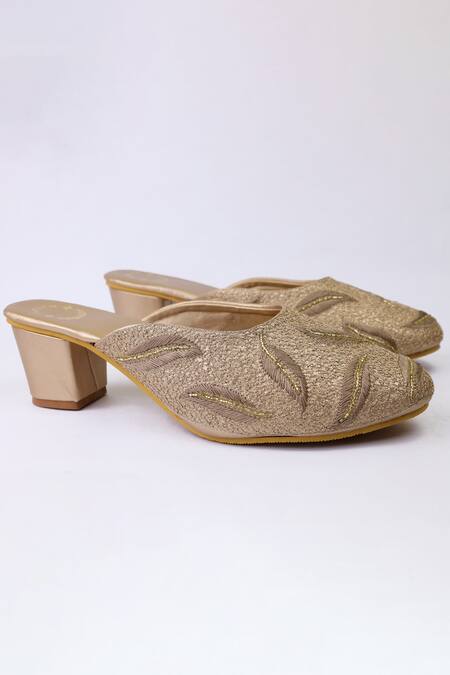Shop_Shiveen Shiveen_Gold Embroidery Tanucchhada Mule Block Heels_Online_at_Aza_Fashions