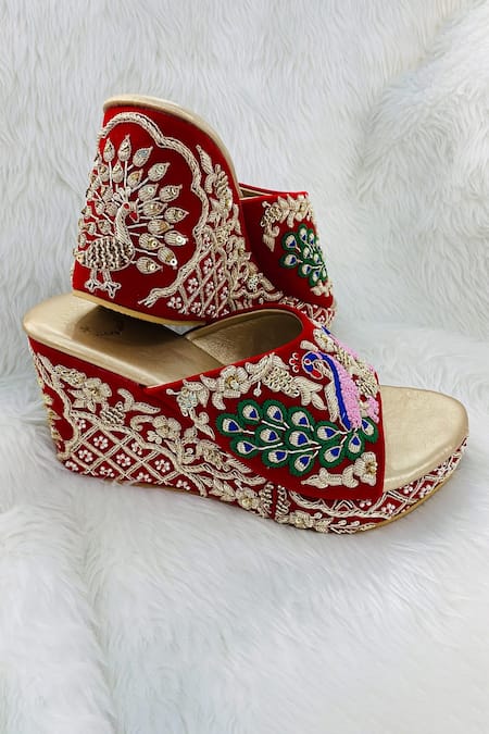 Shop Shiveen Shiveen Red Embroidery Tri Mor Velvet Wedges at Aza Fashions Shop_Shiveen Shiveen_Red Embroidery Tri Mor Velvet Wedges _at_Aza_Fashions