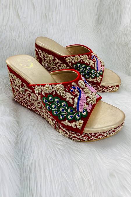 Shiveen Shiveen Red Embroidery Tri Mor Velvet Wedges Online at Aza Fashions Shiveen Shiveen_Red Embroidery Tri Mor Velvet Wedges _Online_at_Aza_Fashions